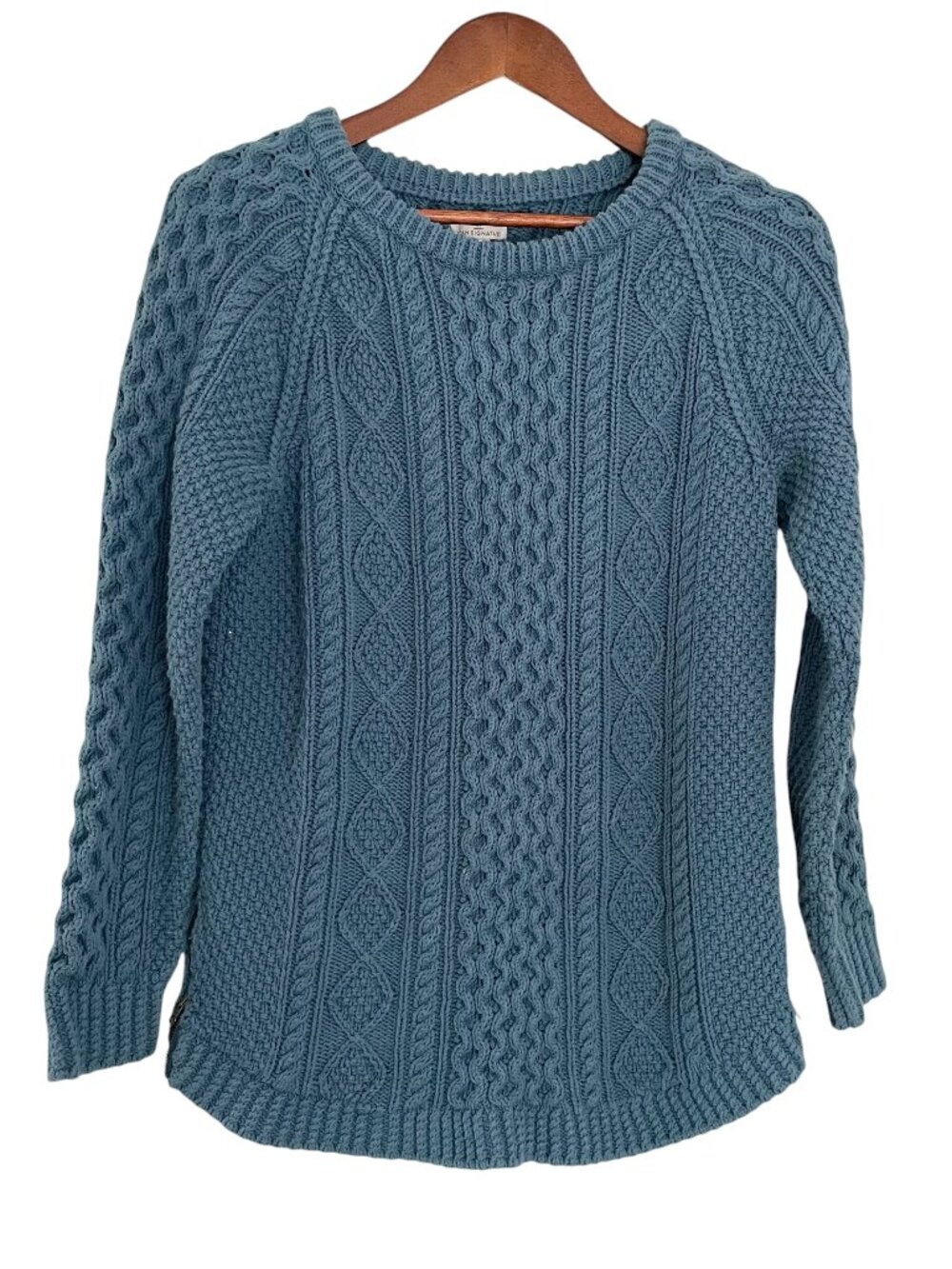 LL Bean Signature Fisherman Tunic Sweater Medium Blue Chunky Cable Knit Side Zip